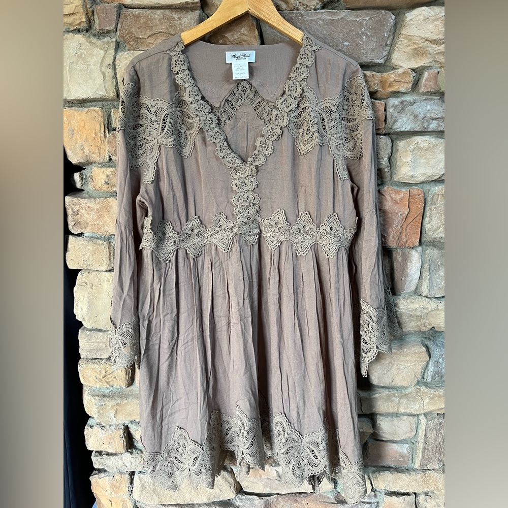 Brown/Taupe  Lace Long Sleeve Dress